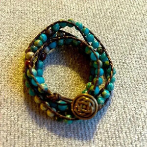 Southwestern turquoise & leather wrap bracelet/choker Celtic button enclosure